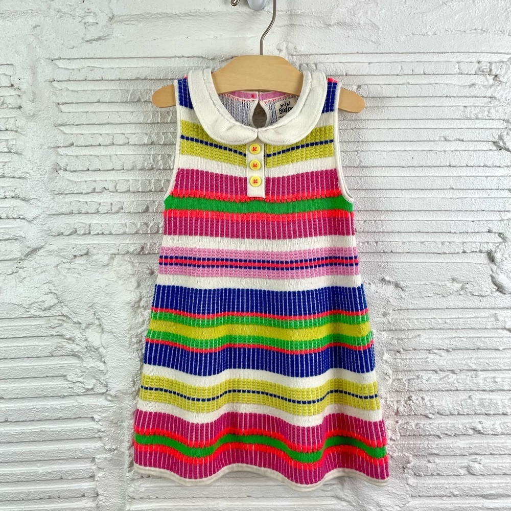 Mini Boden Multi Color Stripe Knit Sweater Dress Peter Pan Collar Size 2-3Y